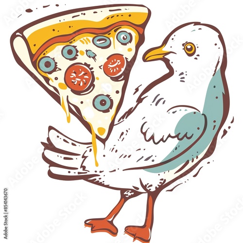 Illustration of a seagull eating pizza slices on a white background