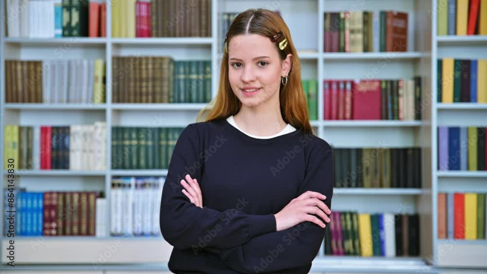 Portrait of high school student girl in library classroom Portrait of high school student girl in library classroom