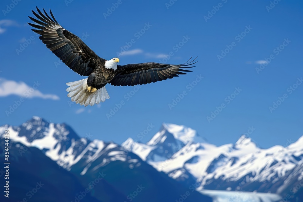 Naklejka premium Bald Eagle Soaring Over Snow Capped Mountains.