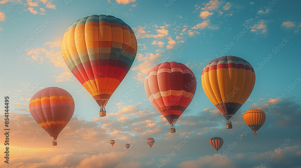 A group of colorful hot air balloons fly gracefully against a backdrop of a bright blue sky and fluffy clouds, with the sun setting behind them. A group of colorful hot air balloons fly gracefully against a backdrop of a bright blue sky and fluffy clouds, with the sun setting behind them.