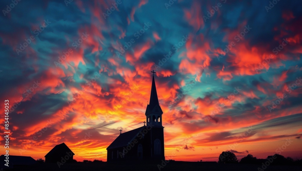 Obraz premium A church steeple is silhouetted against a beautiful sunset. Generate AI image