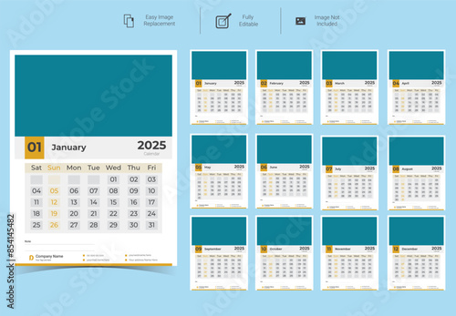 Corporate Wall Calendar Template Design for 2025.Set of 12 pages calendar vector design with  print template