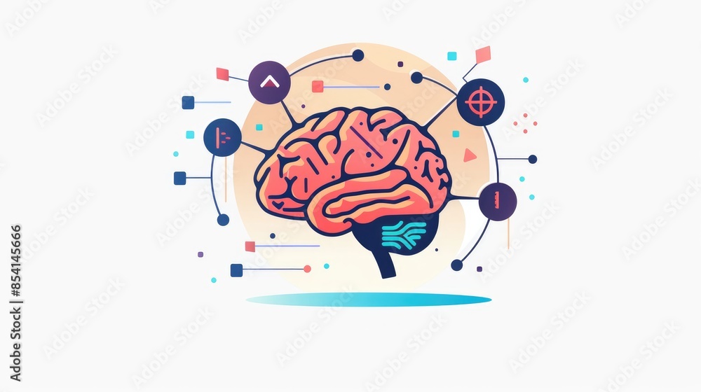 A cartoon style human brain icon with sensors isolated on a white background serves as a visual representation of research A cartoon style human brain icon with sensors isolated on a white background serves as a visual representation of research