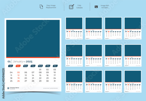 Corporate Wall Calendar Template Design for 2025.Set of 12 pages calendar vector design with  print template
