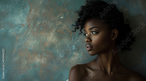 A woman with dark hair and a dark skin tone is standing in front of a wall