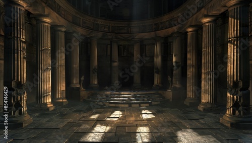 A captivating CG rendering of a circular ancient temple interior with dramatic lighting