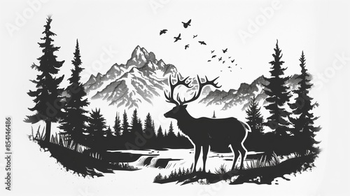Artistic double exposure effect of a deer merging with a mountain landscape within its silhouette