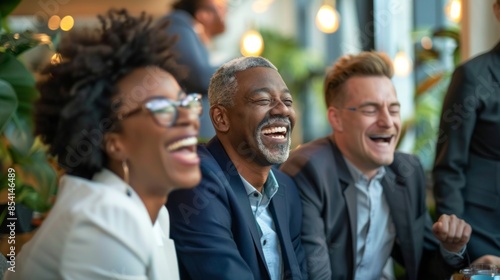 Diverse team of cheerful happy business employees meeting in office, smiling, laughing, celebrating success. Senior leader, boss, teacher posing with group.