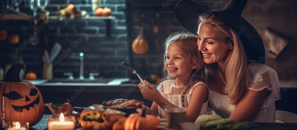 Mother and Daughter Celebrating Halloween with a Festive Meal Mother and Daughter Celebrating Halloween with a Festive Meal