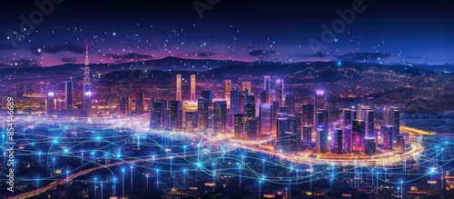 Wallpaper Mural Nighttime Cityscape with Digital Network Overlay Torontodigital.ca