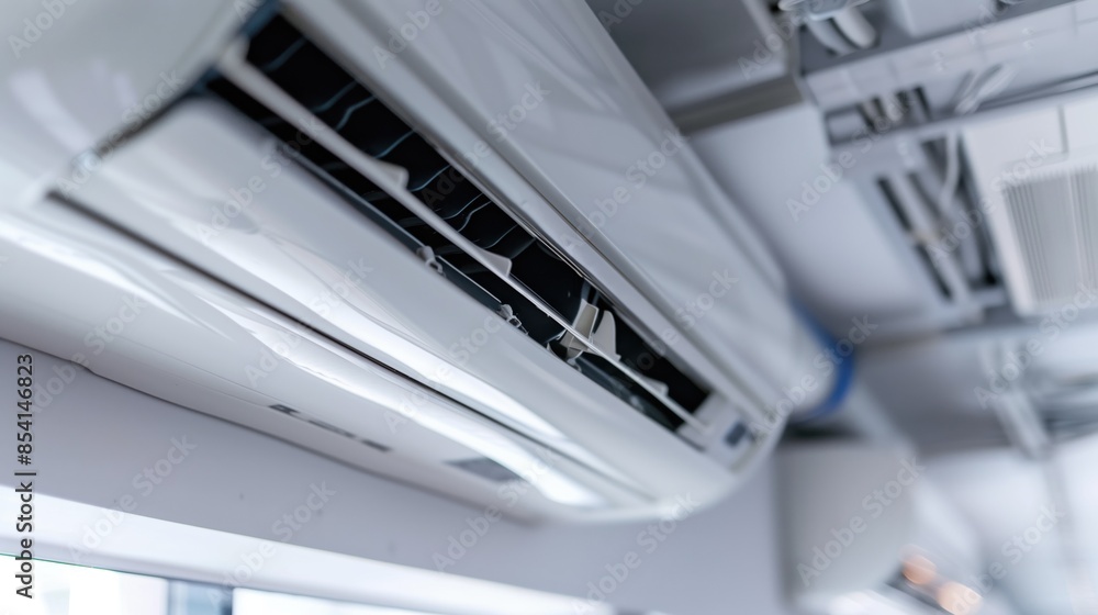 Detailed view of a modern ceiling air conditioner unit showing grilles and components in a bright interior Detailed view of a modern ceiling air conditioner unit showing grilles and components in a bright interior