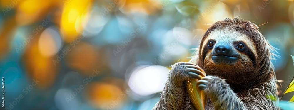 Obraz premium Three-toed sloth perched on tree branch against softly blurred tree canopy background