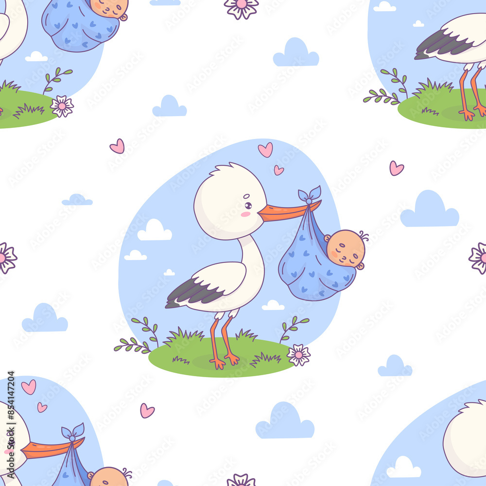 Seamless pattern with stork with newborn boy Seamless pattern with stork with newborn boy