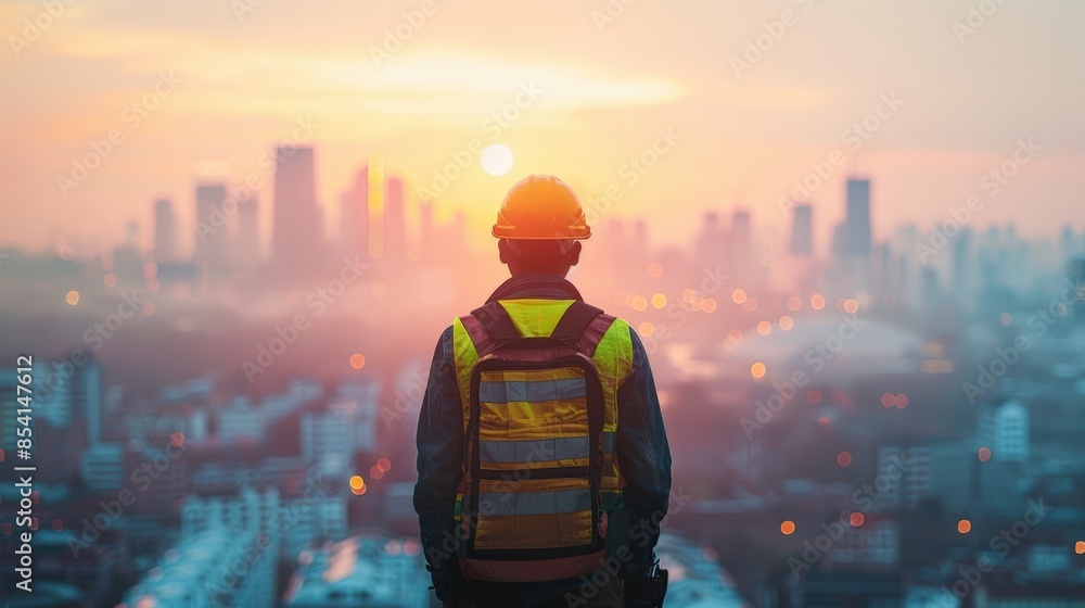 A construction worker wearing a safety vest and helmet views a cityscape at sunrise, symbolizing progress and urban development. A construction worker wearing a safety vest and helmet views a cityscape at sunrise, symbolizing progress and urban development.