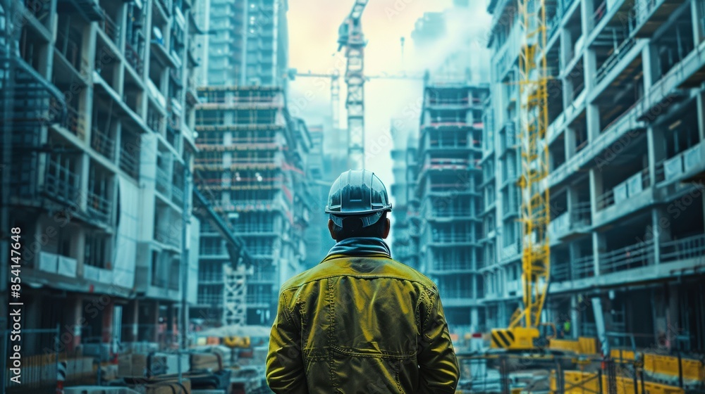 A construction worker in a helmet and jacket stands observing a large construction site with towering buildings and cranes. A construction worker in a helmet and jacket stands observing a large construction site with towering buildings and cranes.