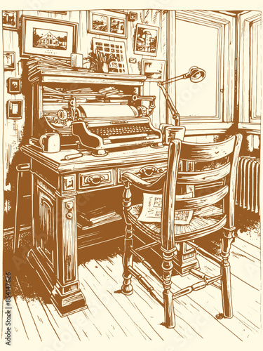 Vintage, faded color. Home working desk, library and office interior. Generative ai vector.