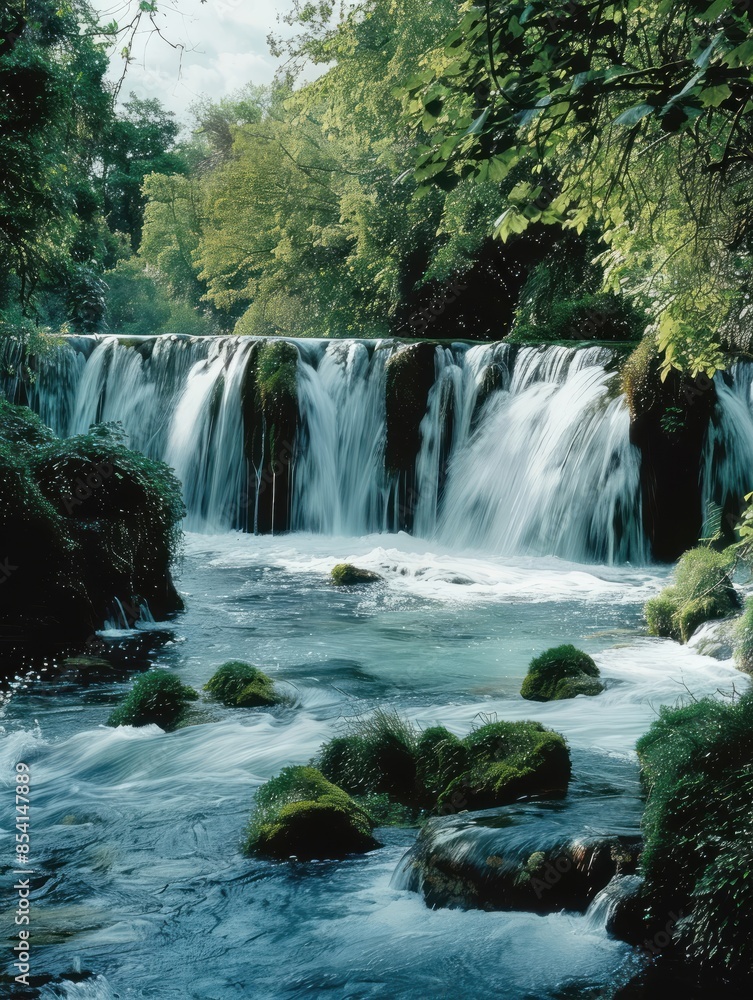 Fototapeta premium Cascading Waterfall in a Lush Forest.