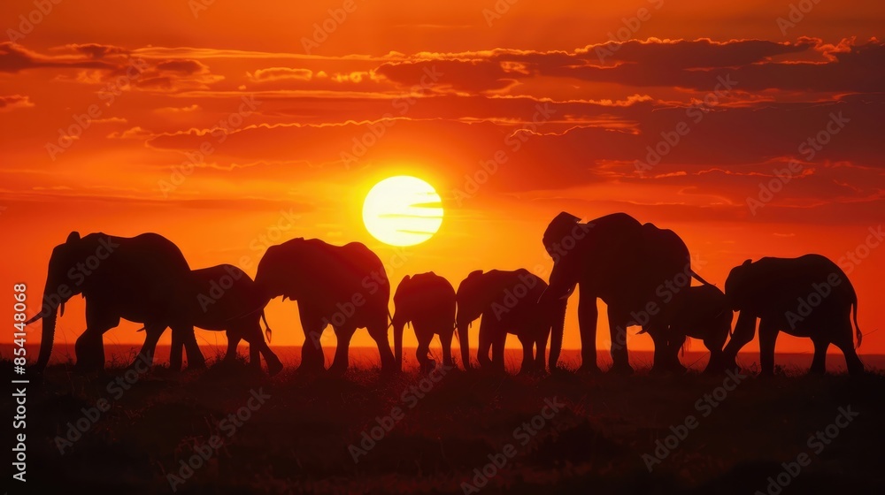 Fototapeta premium Elephant Silhouettes at Sunset.