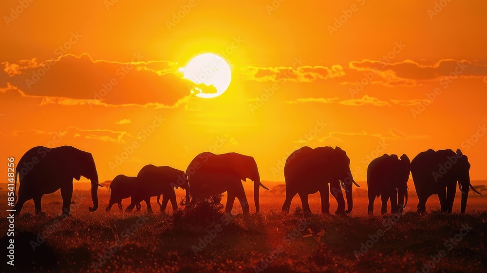 Fototapeta premium Elephant Silhouettes at Sunset.