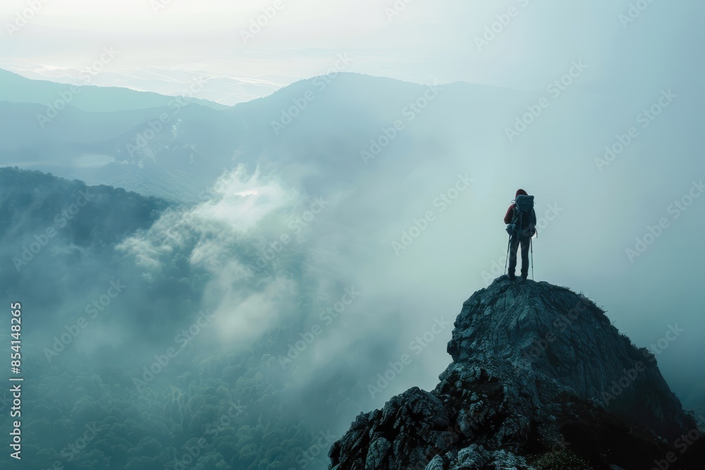 Hiker on Mountain Top Above Clouds. Hiker on Mountain Top Above Clouds.
