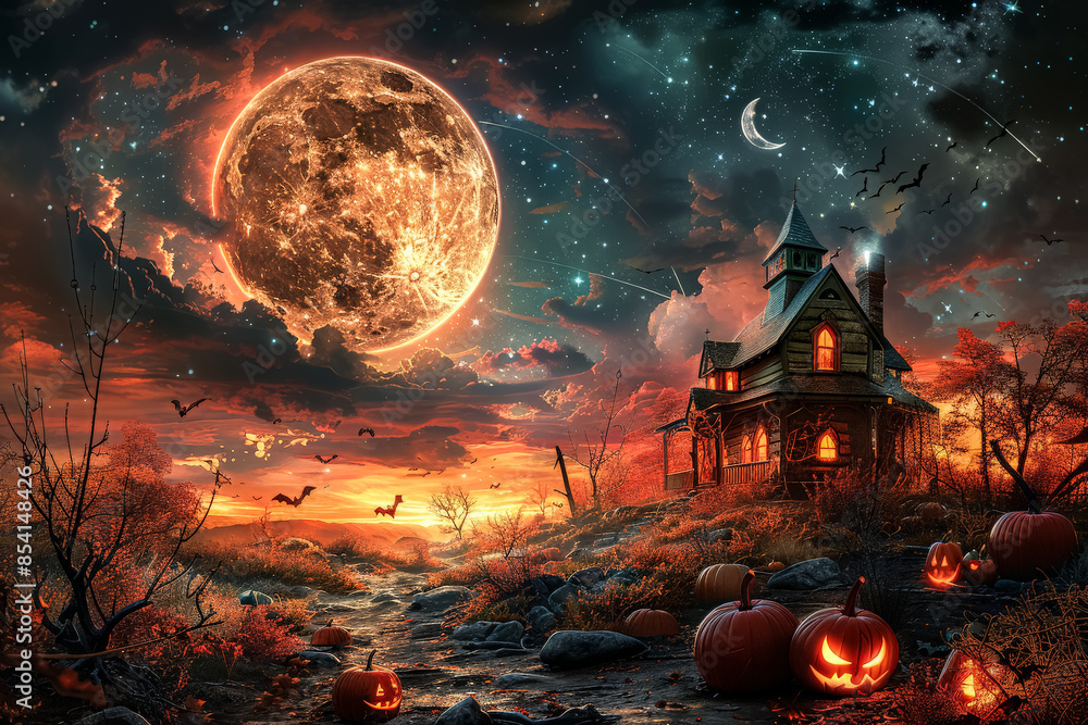 A dark and eerie scene with a large moon in the sky. The moon is surrounded by bats flying in the air. The scene is set in a town with a castle in the background A dark and eerie scene with a large moon in the sky. The moon is surrounded by bats flying in the air. The scene is set in a town with a castle in the background