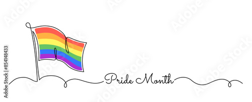 Pride month minimal banner with LGBT rainbow flag one line drawing on white background. Vector illustration.