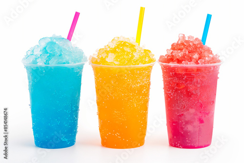 kool-aid slushies drinks in orange, blue, and red colors isolated on a plain white background