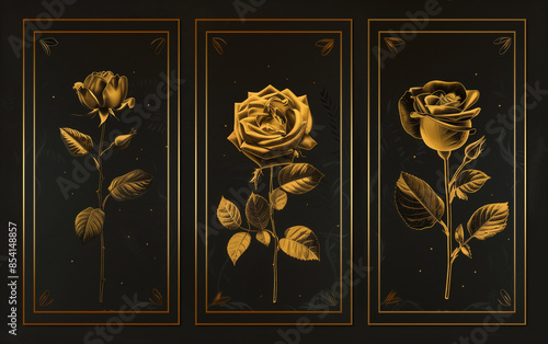 Elegance in Art Deco: Three Gold Rose Framed Posters on Black Background with Aesthetic Movement Influence