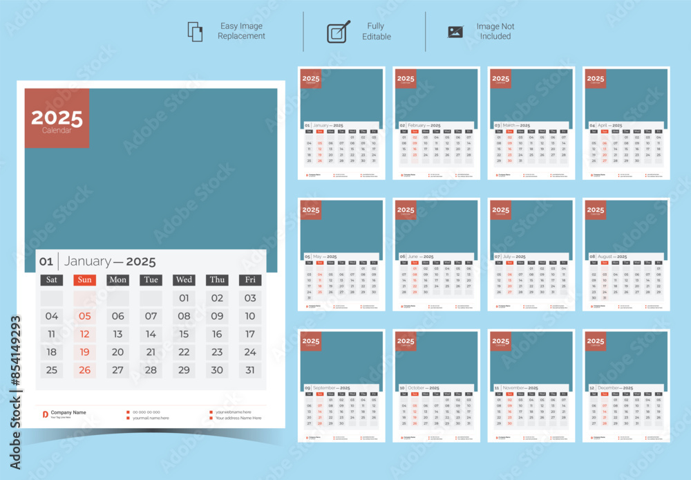 Corporate Wall Calendar Template Design for 2025.Set of 12 pages calendar vector design with print template Corporate Wall Calendar Template Design for 2025.Set of 12 pages calendar vector design with print template