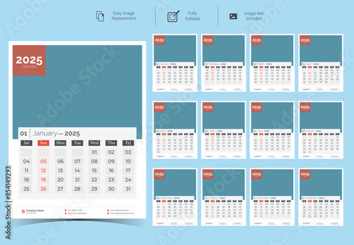 Corporate Wall Calendar Template Design for 2025.Set of 12 pages calendar vector design with  print template