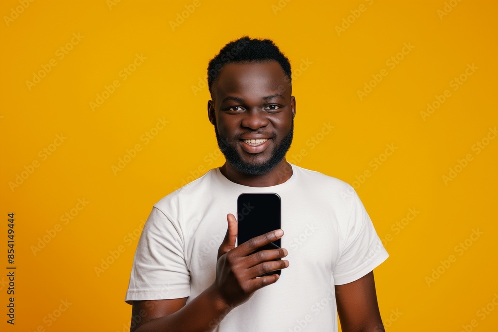 Handsome man showing a smartphone in hand and pointing, Handsome Man Displays Smartphone While Pointing, Perfect for Your Next Tech Ad, Young, Attractive Man Showcasing Smartphone, Ideal for Modern Ma