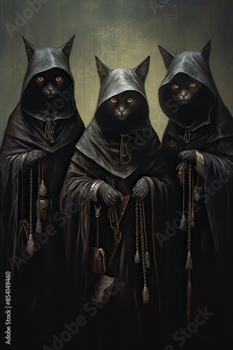 Three black cats wearing hoods and robes stand together. Scene is dark and mysterious