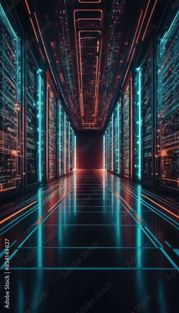 An intricate hallway bathed in neon lights, reminiscent of a sci-fi setting, leading to an enigmatic glowing portal An intricate hallway bathed in neon lights, reminiscent of a sci-fi setting, leading to an enigmatic glowing portal