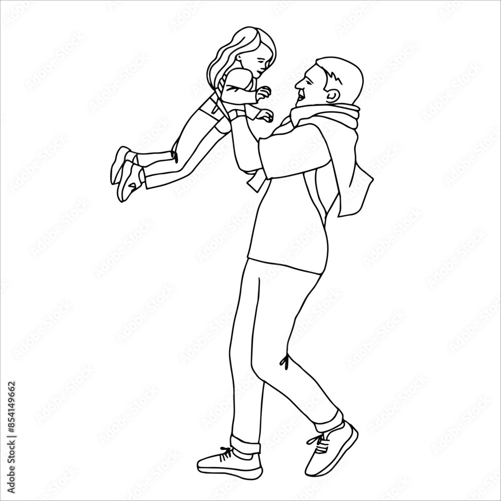 Art line sketch father plays with daughter, vector. Father's Day Illustration Art line sketch father plays with daughter, vector. Father's Day Illustration