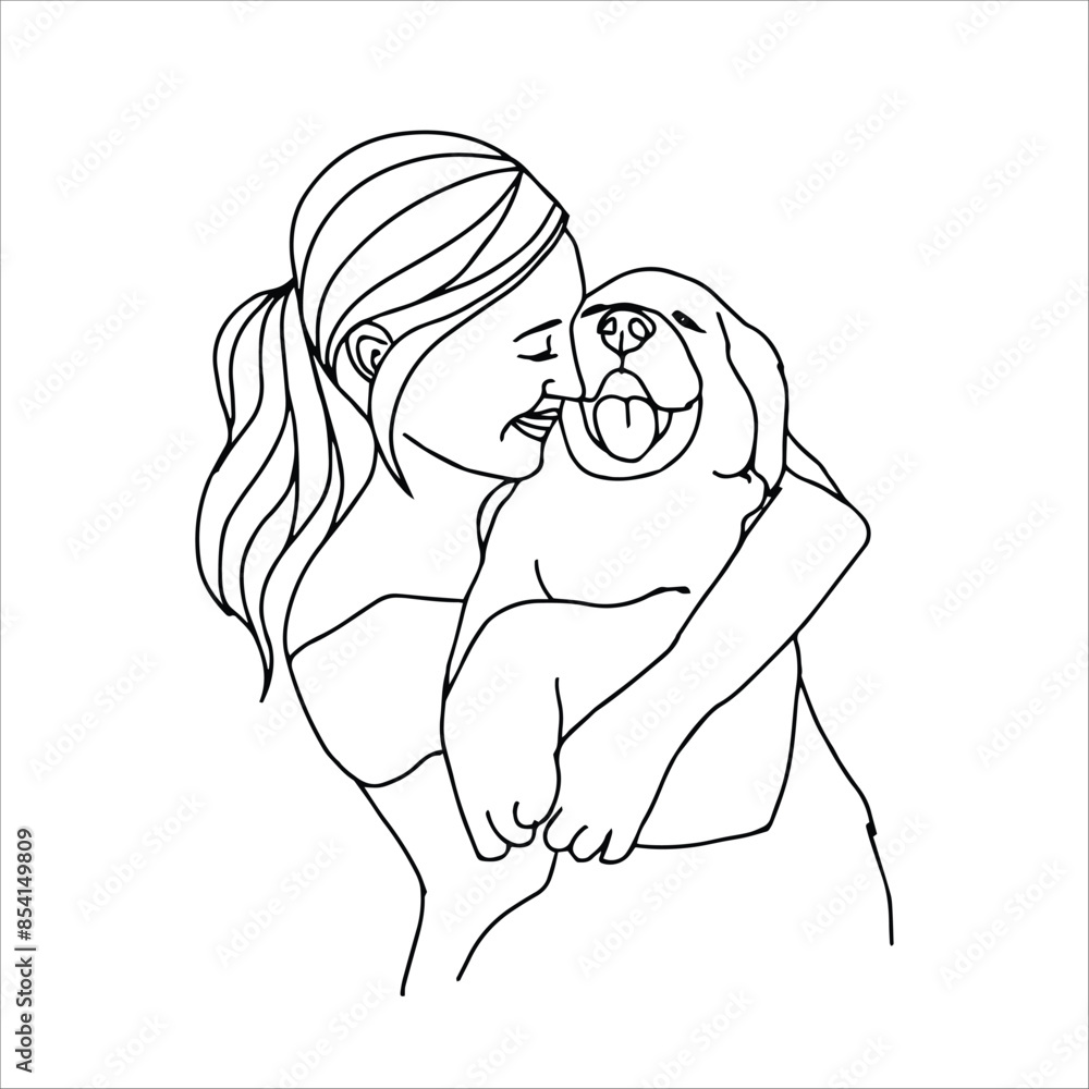 A woman with her dog. Linear art black and white illustration. A woman with her dog. Linear art black and white illustration.