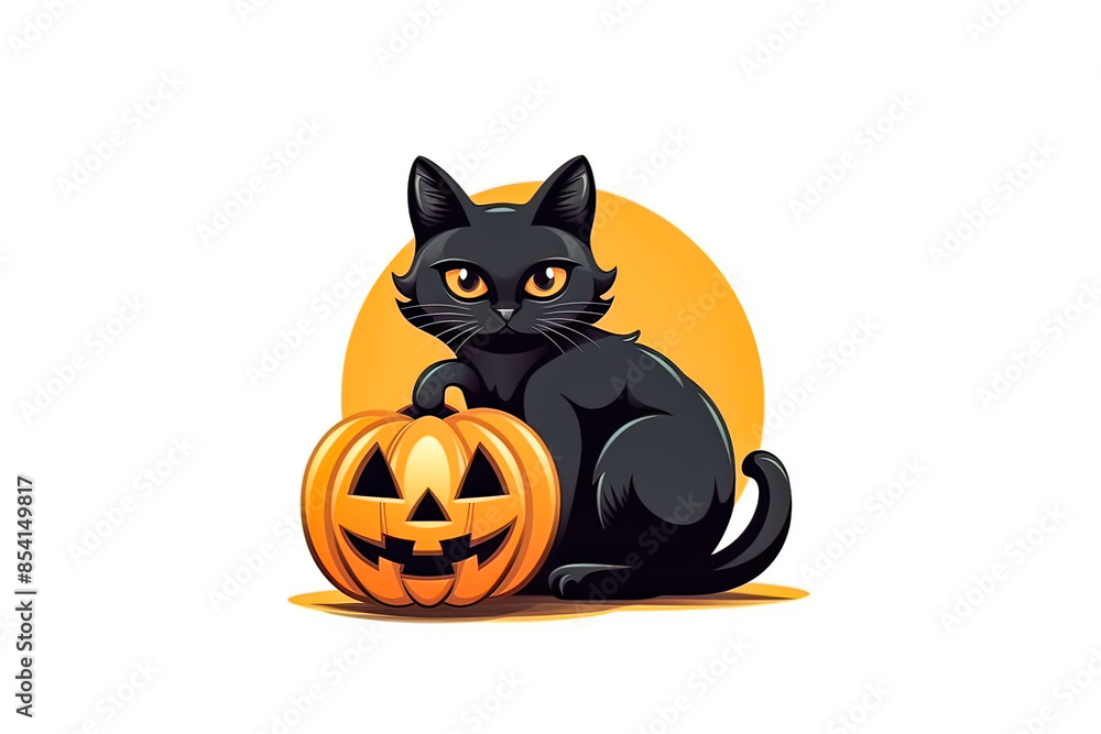 A black cat is sitting next to a pumpkin. The cat is looking at the pumpkin with a look of anger A black cat is sitting next to a pumpkin. The cat is looking at the pumpkin with a look of anger