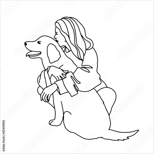 A woman with her dog. Linear art black and white illustration.