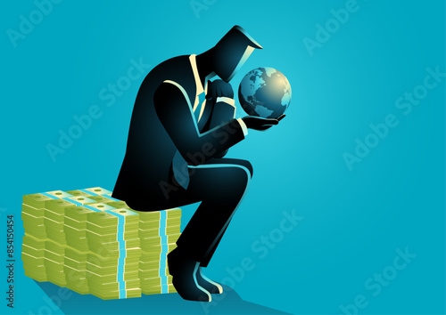 Businessman sitting on a pile of money, holding a globe and contemplating. Themes of Money is Not Everything and Solitude in Wealth