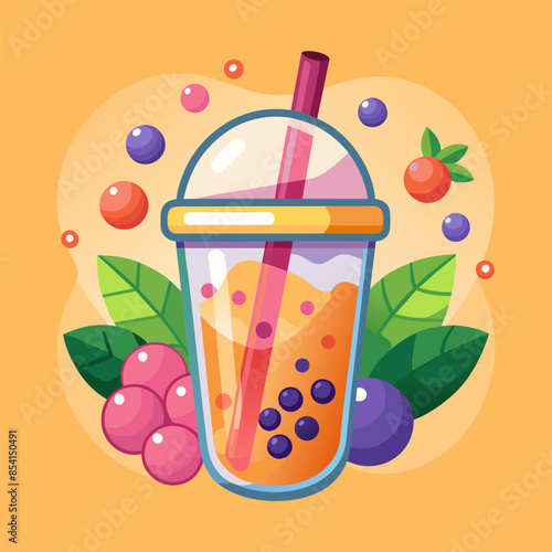 Vector illustration of bubble tea with fruits: a reflection of the fashion for tasty and healthy drinks
