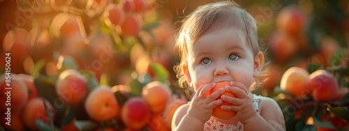  A child happily munches on a peach in front of a bush laden with fruits, sun illuminating her radiant face