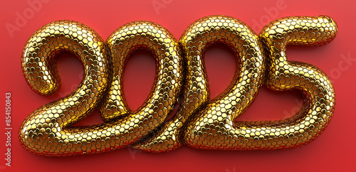 Fotografi Golden Happy New Year 2025 text design on red background