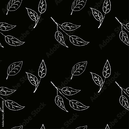 Green tea leaf drawings in charcoal, chalk or wax penci seamless pattern. Sketch tea organic food and drink. Chalk scribble drawings. Vector illustration, seamless pattern on black background. 