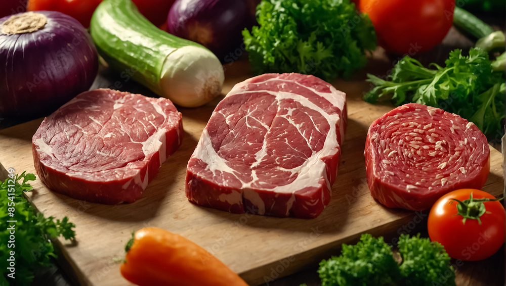 Raw meat, various vegetables in the kitchen Raw meat, various vegetables in the kitchen