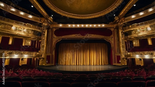 Wide shot of an Empty Elegant Classic Theatre with Spotlight Shot from the Stage. Well-lit Opera House with Beautiful Golden Decoration Ready to Recieve Audience for a Play or Ballet Show 