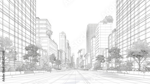 A city street with tall buildings and trees