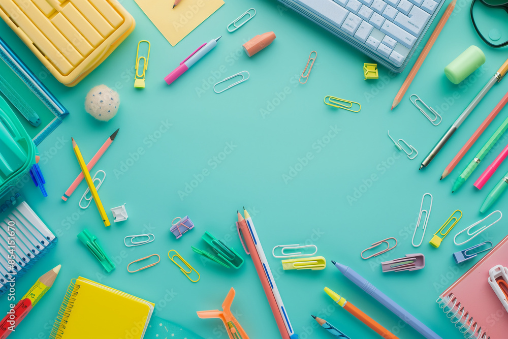 School stationery flat lay in pastel colors, education accessories top view School stationery flat lay in pastel colors, education accessories top view
