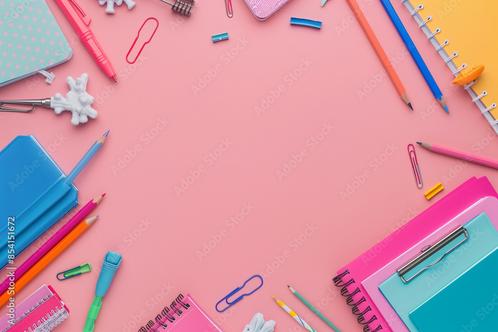 School stationery flat lay in pastel colors, education accessories top view School stationery flat lay in pastel colors, education accessories top view