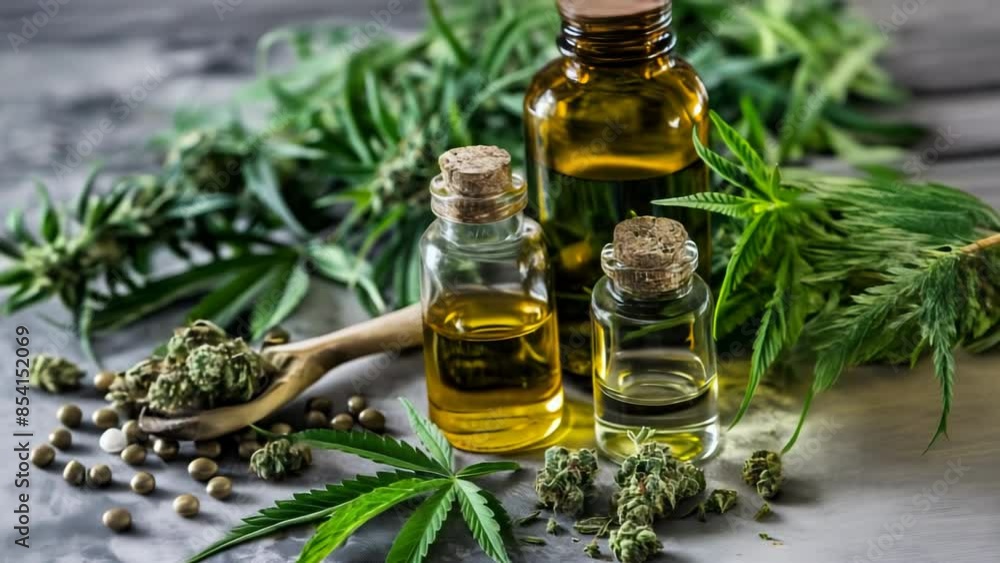Cannabis oil and leaves on wooden table Cannabis oil and leaves on wooden table
