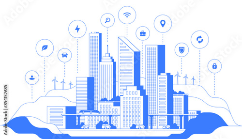 Smart city graphic in one blue color line art. Innovative technologies banner. Business downtown landscape with infographic elements. Modern illustration of town with public transport and traffic.