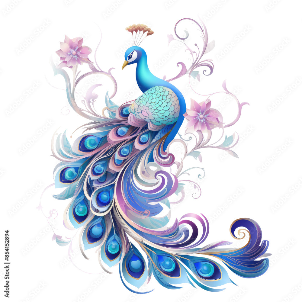 Fototapeta premium A blue and pink peacock with flowers in the background